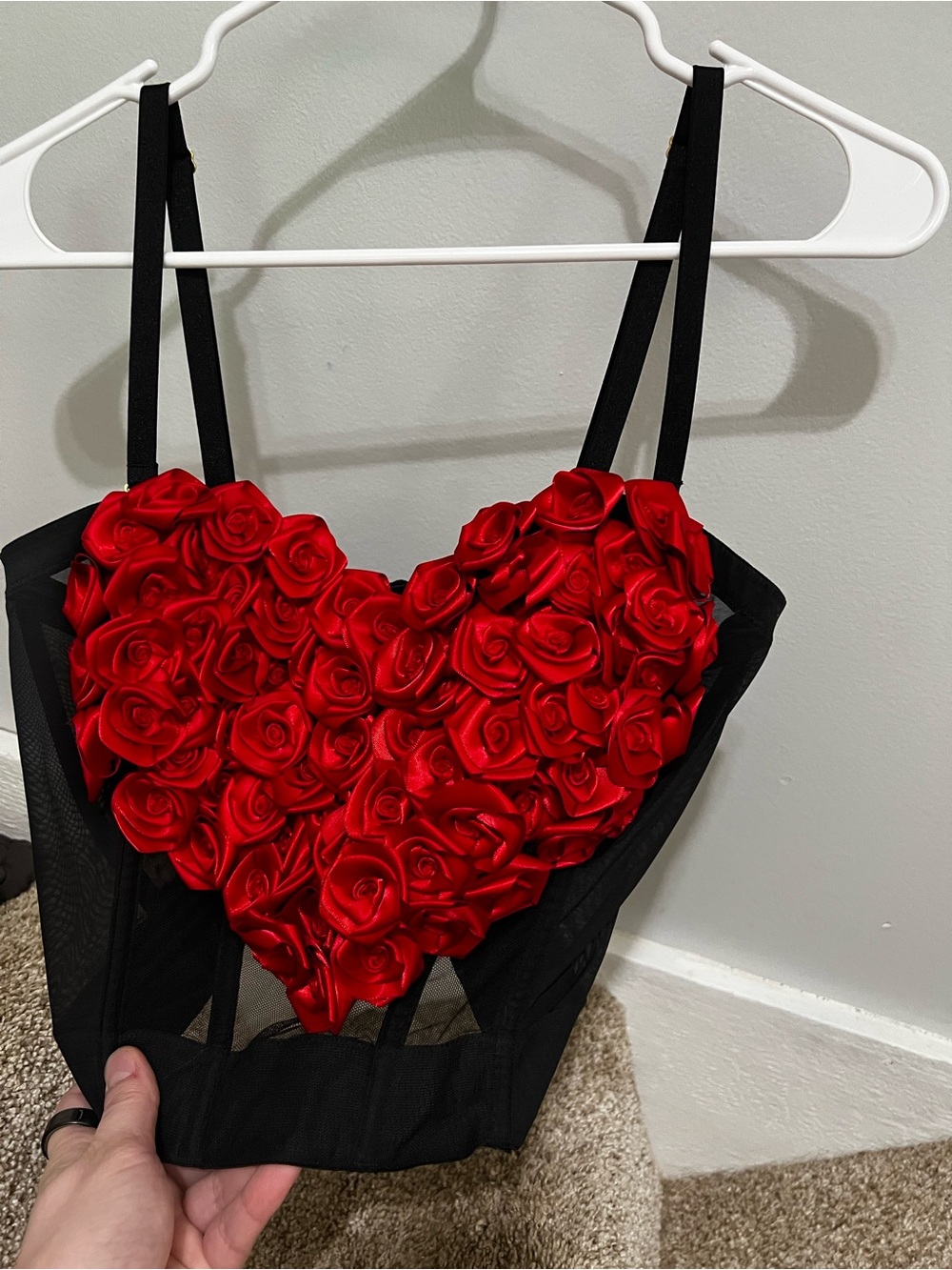 Victoria's Secret Black Mesh Bustier with Red Rose Heart Detail